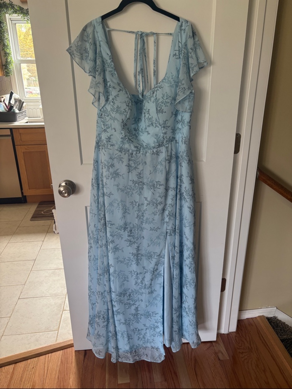 Azazie Light Blue Floral Ruffle Maxi Dress